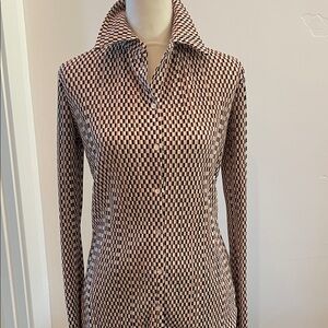 H&M Checkered Button Down Shirt. Brown, black, cream geo print. Longer